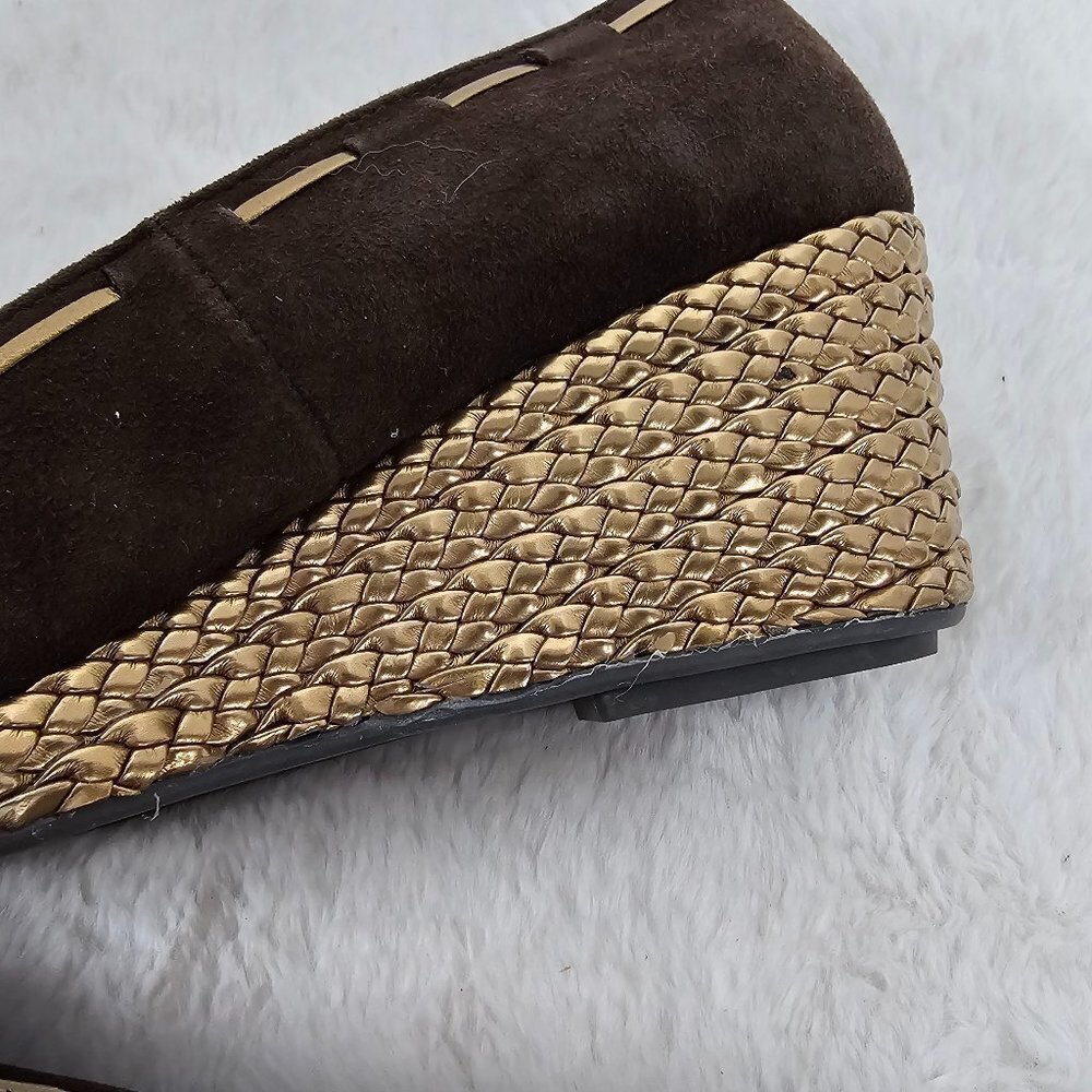Lauren Ralph Lauren Cambree Chocolate Suede Gold Metallic Wedge Shoes Size 7 - Picture 9 of 16